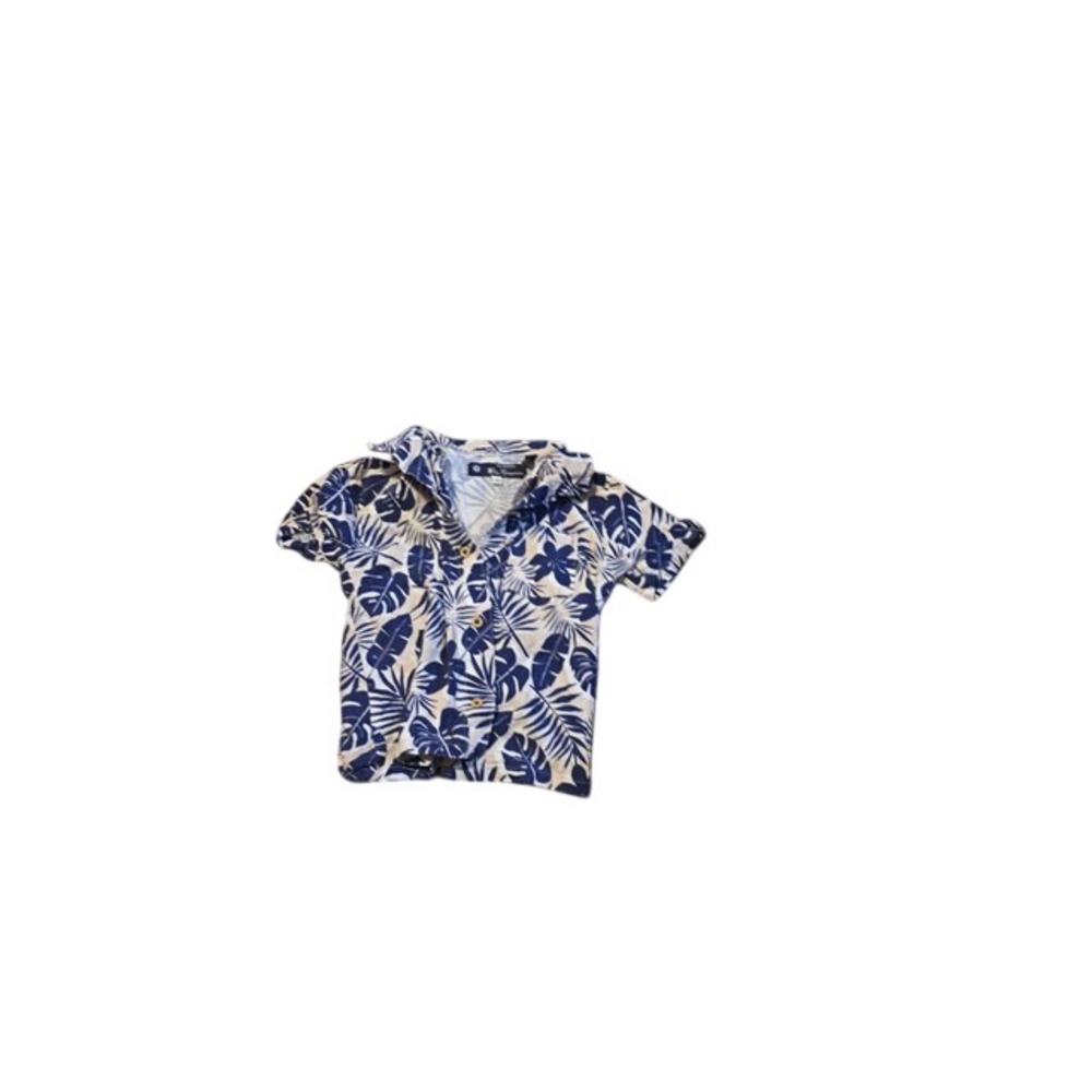 Ben Sherman Boys 2T Tropical Leaf Floral Button Down Shirt Navy Tan Short Sleeve